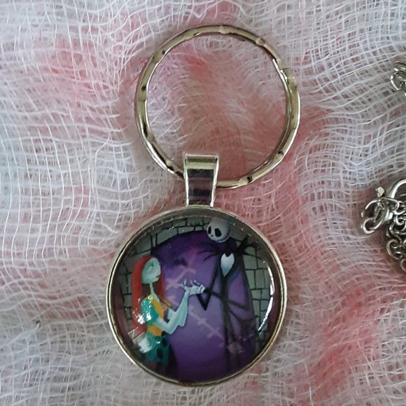 Jack Skellington & Sally Cabochon Key Ring With Necklace Chain Tim Burton - Picture 4 of 8